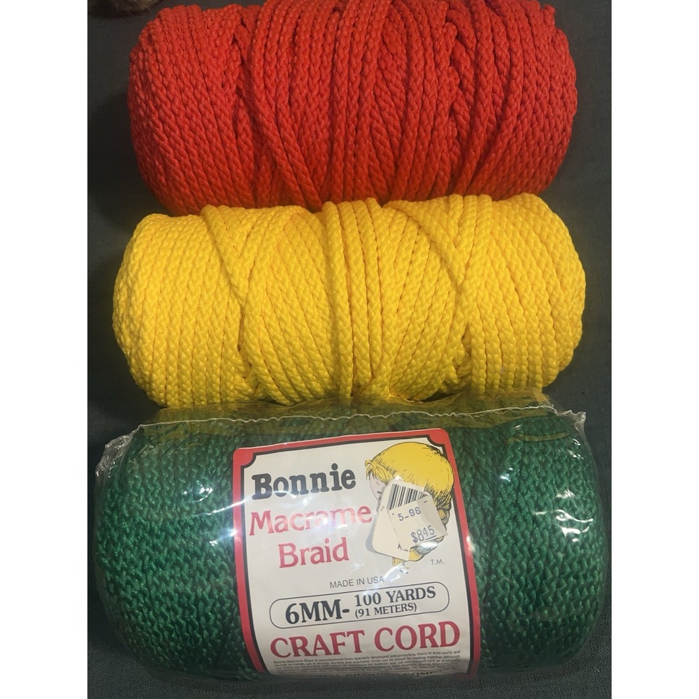 Bonnie Macrame Braid 6mm NOS Vintage, Kelly Green + 2 Partial Red/Yellow